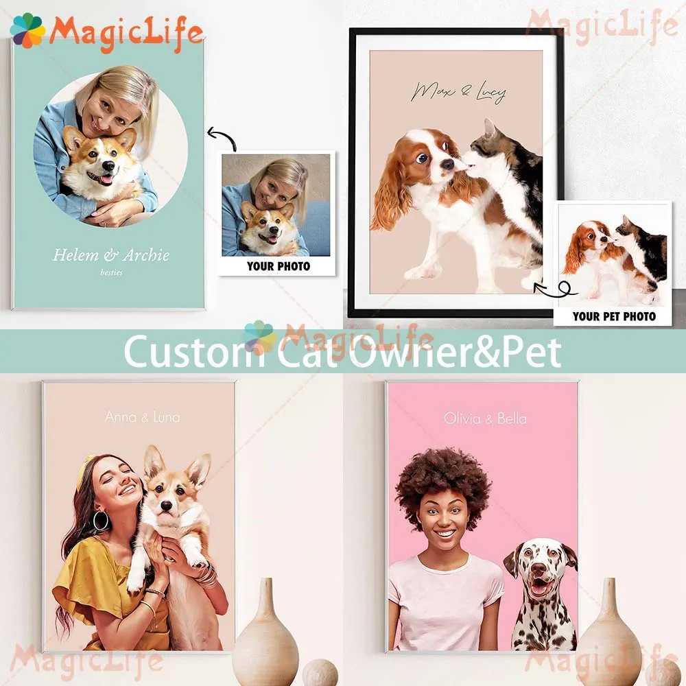 

Custom Photo and Name 2 Animals Dog Cat Owner Poster Pet Wall Art Canvas Painting Wall Pictures For Living Room Decor Unframed