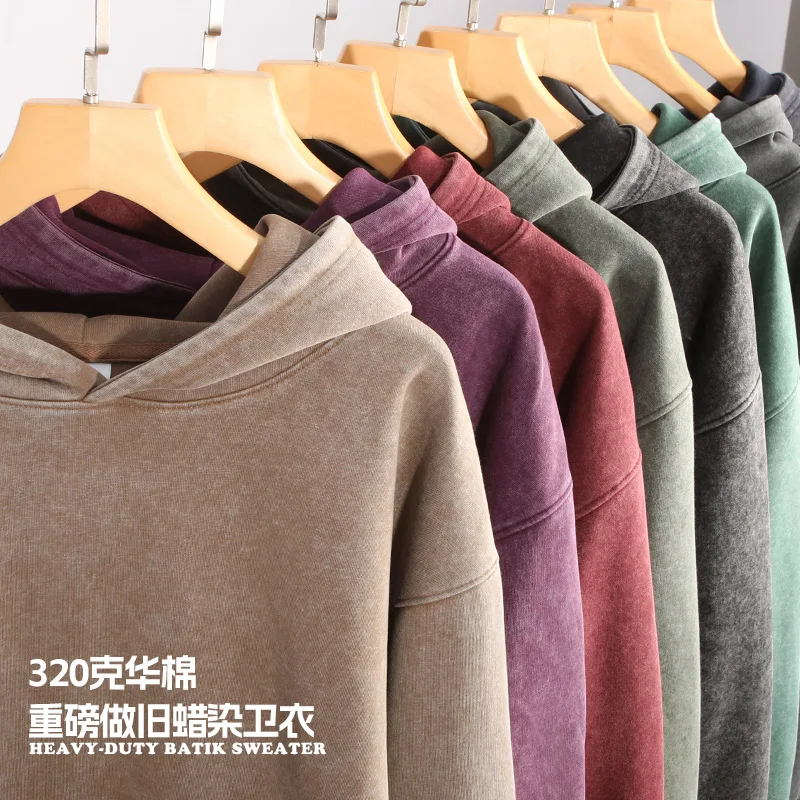 

Тяжелый потертый потертый пуловер с капюшоном 350 г для мужчин и женщин, свободный крой, осенне-зимняя утолщенная спортивная куртка-толстовка