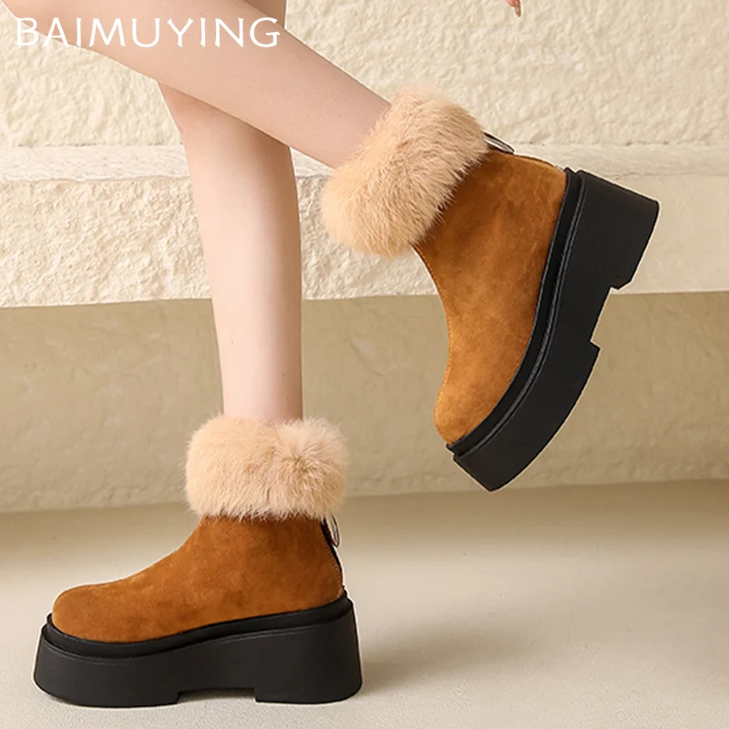 Fur Platform Women Snow Ankle Boots Suede Short Plush Cotton Mid Heels Shoes 2025 Trend Casual Warm Cozy Winter Botas De Mujer