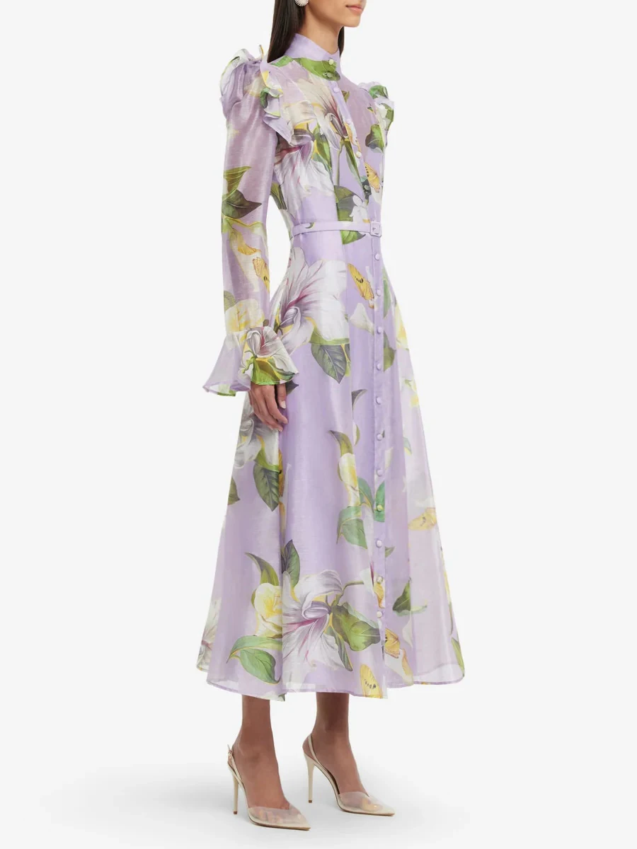 Twotwinstyle impressão emendado babados vestidos casuais para mulheres gola mangas compridas retalhos cinto moda vestido feminino novo