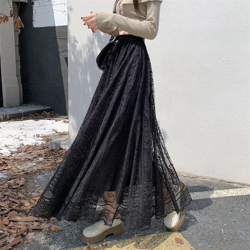 Korean Skirt Women Lace Long Skirt High Waist A Line Winter Autumn Solid Color Versatile Fashion Artistic Display Daily Match