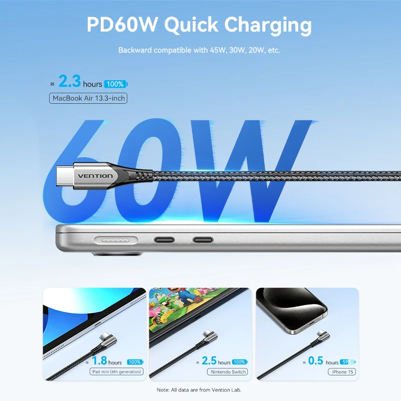 Кабель Vention USB Type-C, 90 градусов, 3 А, 60 Вт