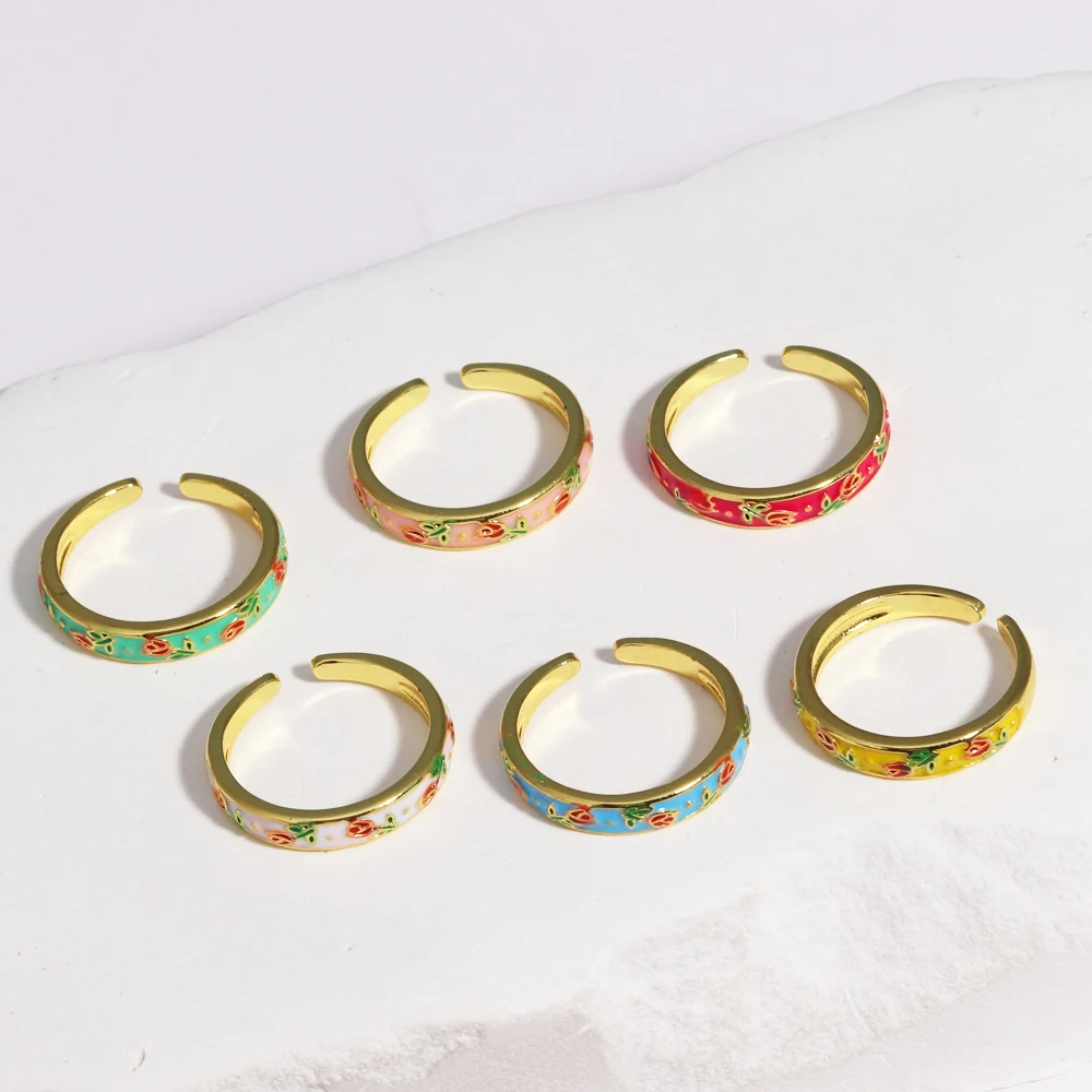 The Ring Is 18K Gold-Plated Stainless Steel Colorful Pink Green Yellow Blue Enamel Checker Rings For Women Geometric Jewelry