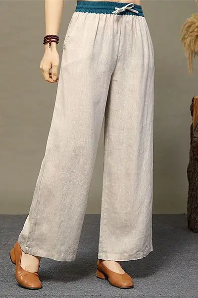 Nuovi pantaloni estivi a gamba larga a vita alta in cotone e lino