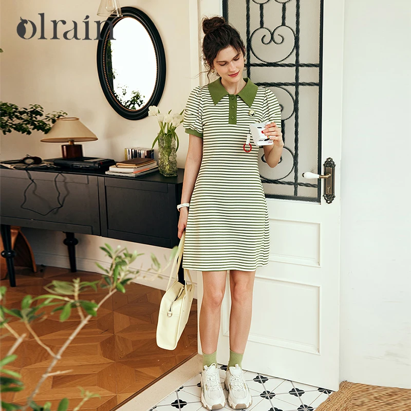OLrain Women Summer Dress 2026 French Style Contrast Color Polo Neck Striped Dresses A-line Puff Sleeve Ladies Dress O23XL80895