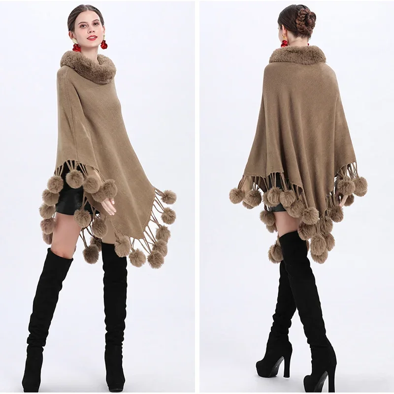 Poncho con borlas de bolas de piel sintética para mujer, jersey de lana de punto suave, capa con Cuello de piel, chal, abrigo joven, otoño e invierno, B455