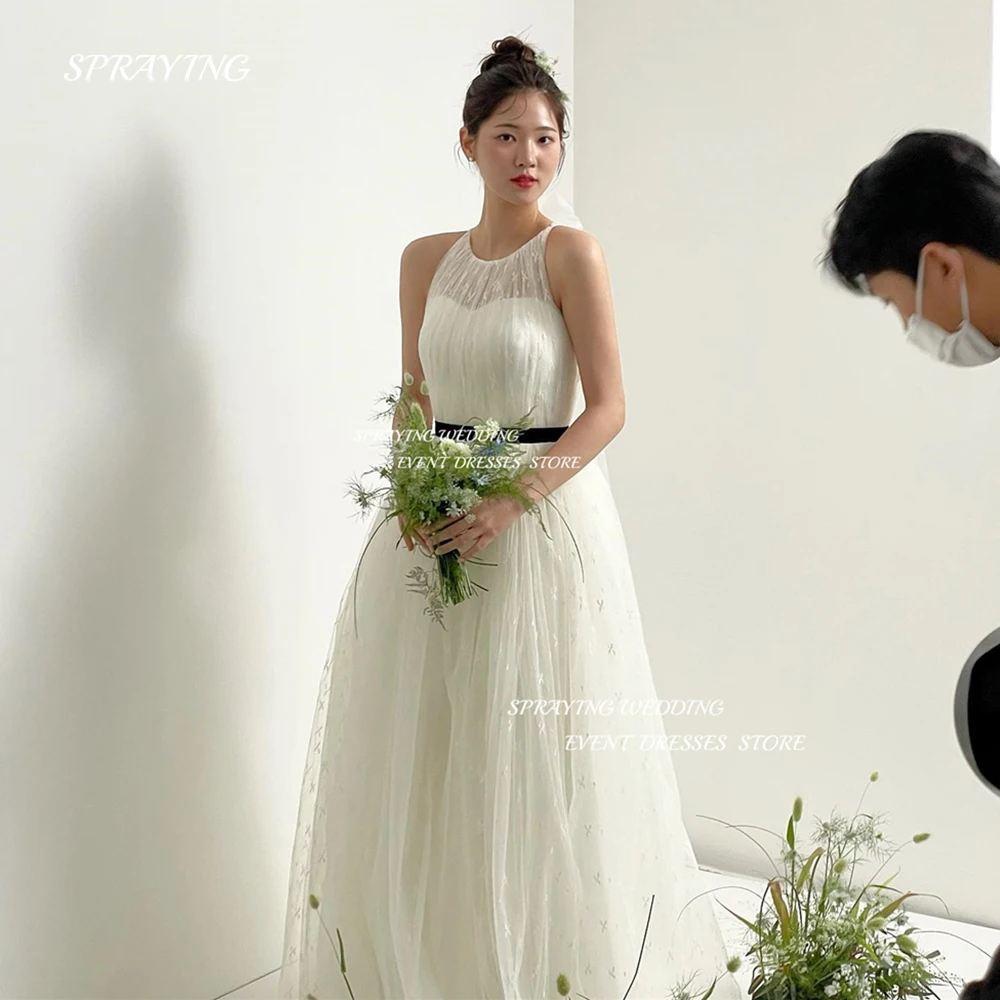 

SPRAYING Korea Simple A Line Wedding Dress O Neck Soft Tulle Bridal Gown Floor Length Garden Evening Party Dresses Photoshoot