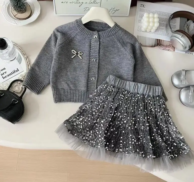 New Baby Girls Fall Fashion Boutique Sets,  Knitting Cardigan + Sequined  Skirts   , Princess Elegant Suits 2-8 T