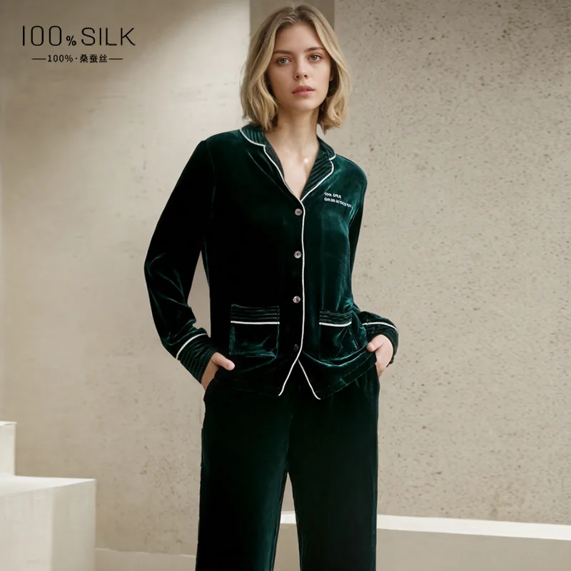 Women's Autumn Winter Silk Pajamas Set 100% Mulberry Silk Velvet Sleepwear Pajama Thickened Warm Cardigan Loungewear Outerwear