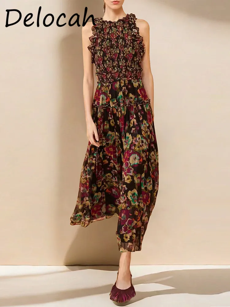 

DelocahVintage Style Summer Ankle Long Wooden Ear Edge Floral Pleated Cold Department Unique Chic Female Dress