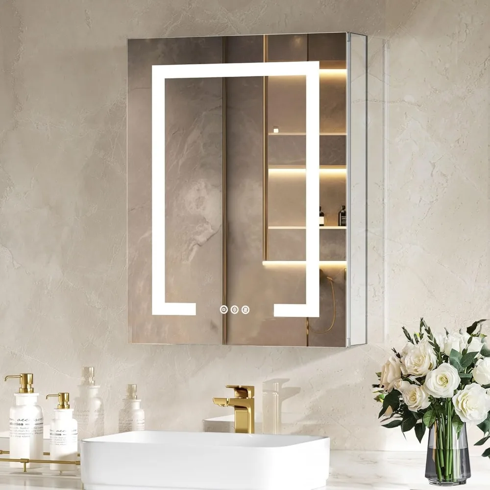 خزانة طبية مضاءة بإضاءة LED مقاس 20 × 26 مع أضواء ومنافذ USB، مرآة خزانة طبية مثبتة على السطح أو الحمام