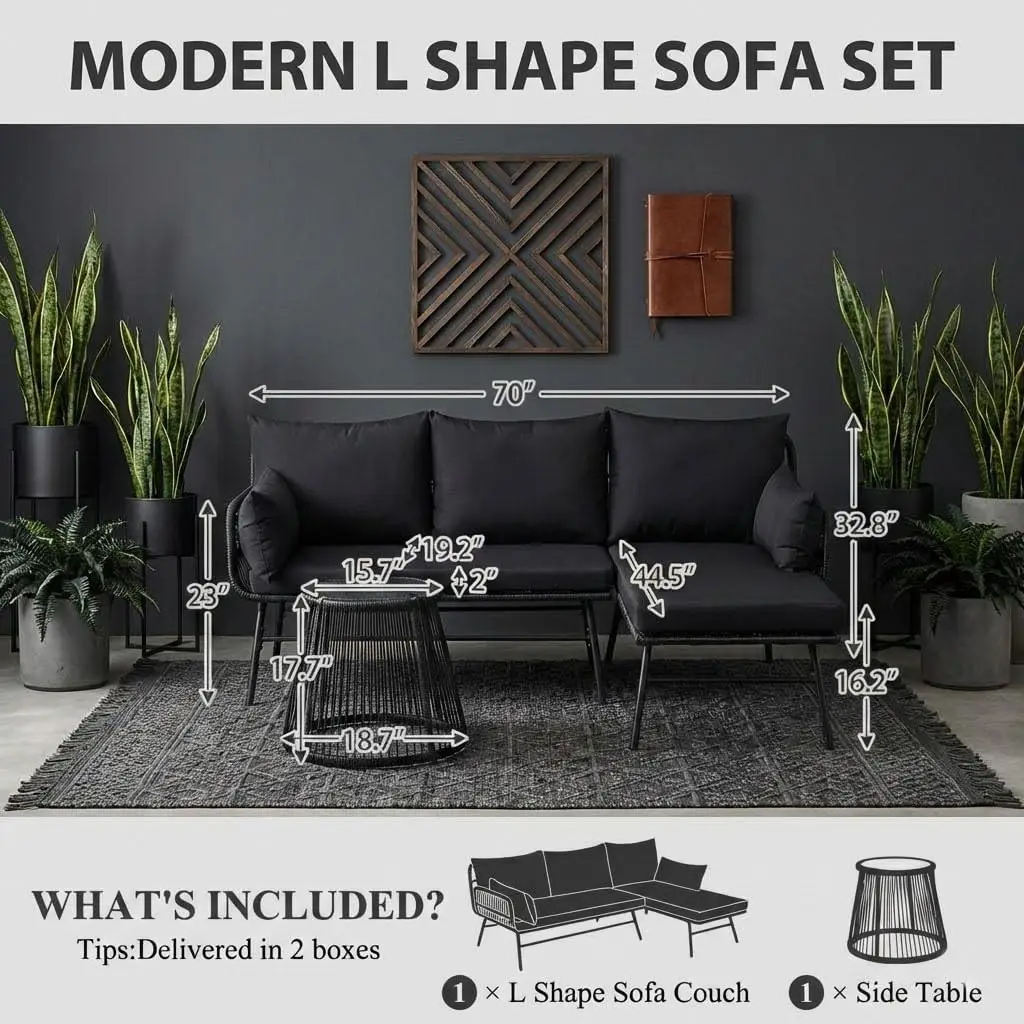3-Piece Outdoor Patio Rattan Furniture Set, Black | L-Shaped Rattan Sectional Sofa with Thick Cushions – All-Weather Conversatio