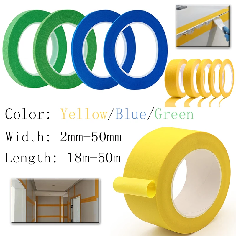 1-5Roll Professional Yellow Masking Tape for Car Painting, 2-50mm Width Textured Paper, No Residue Hand Tearable, 18-50m Length