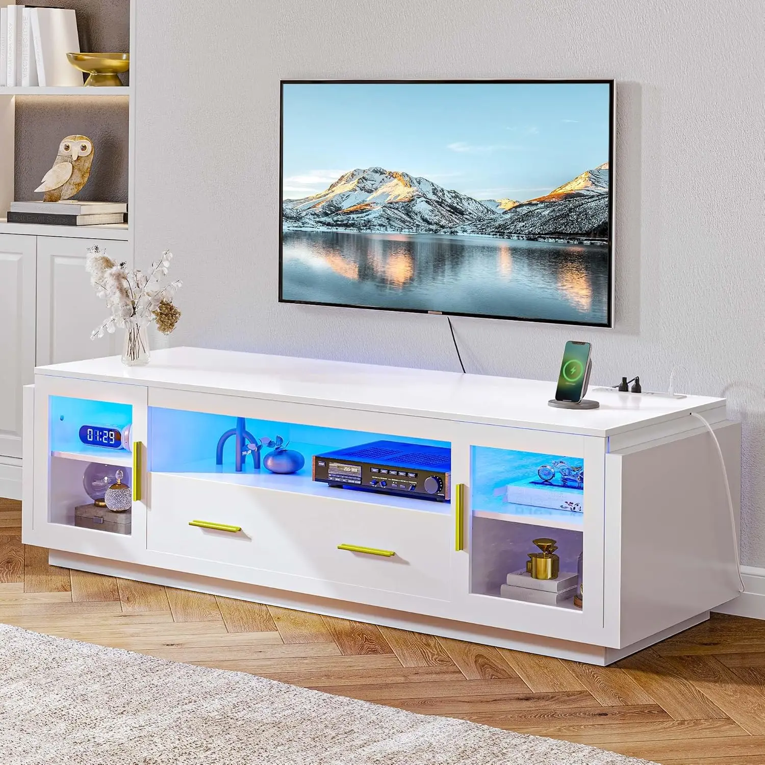 

TV Stand for 75 inch TV, White TV Stands for Living Room, Entertainment Center w/Power Outlets, Modern TV Stand with Storage