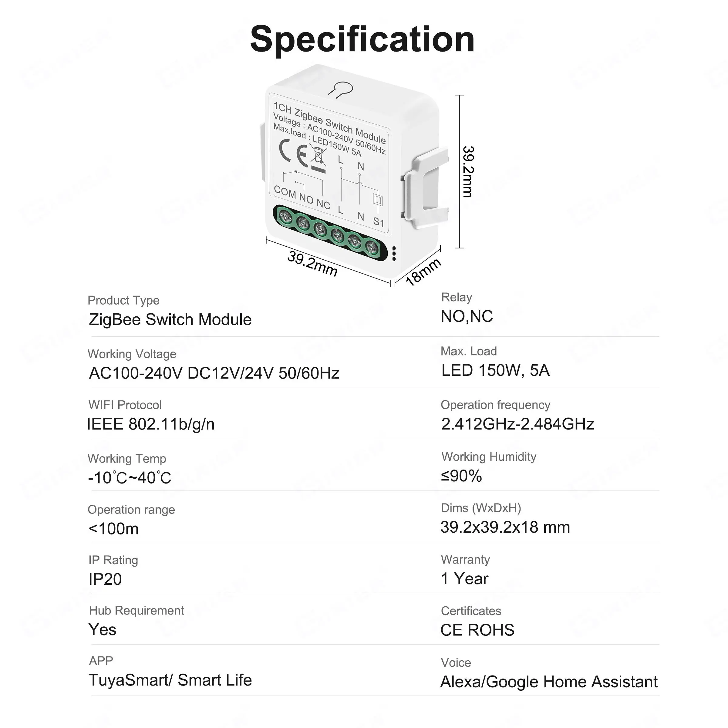 GIRIER Smart ZigBee Switch Module Dry Contact 5A Universal Breaker Relay DC 12/24V AC 100-240V Works with Alexa Alice Hey Google