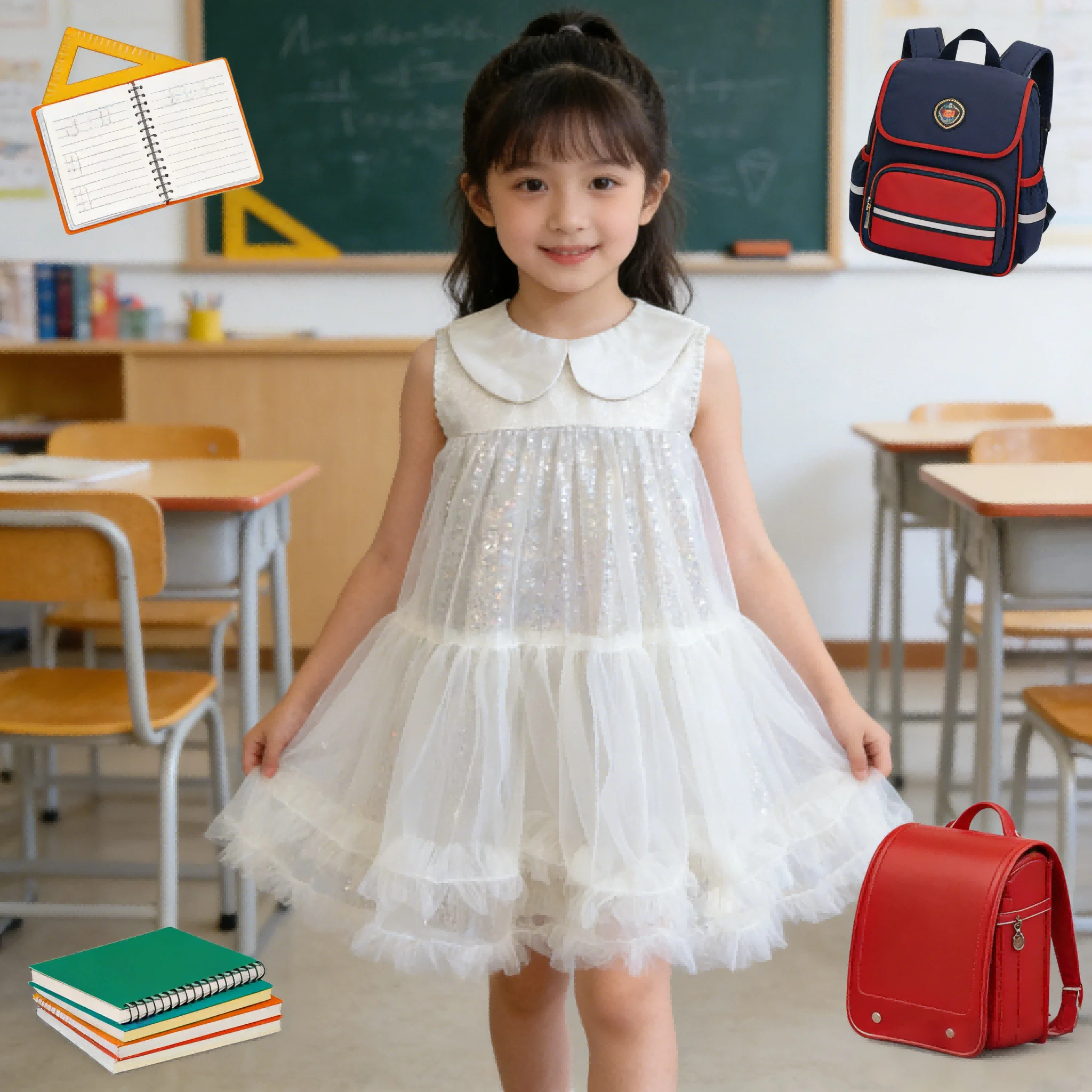 New Children Girls Party Dress Peter Pan Collar Sleeveless Banquet Pageant Form Tulle Princess Gown for Host Piano Performanceal