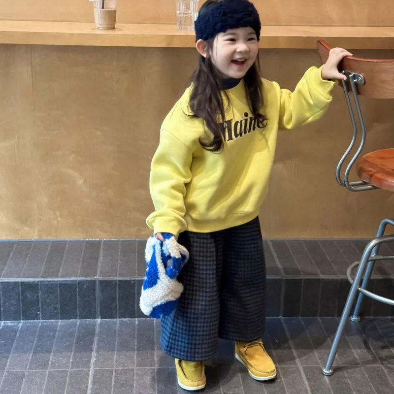 

2025 Autumn Winter Girl Children Kid Clothes Yellow Bottom Fleece Sweatshirt Crew Neck 3-10 Years Pullover Thick Warm Poutfit