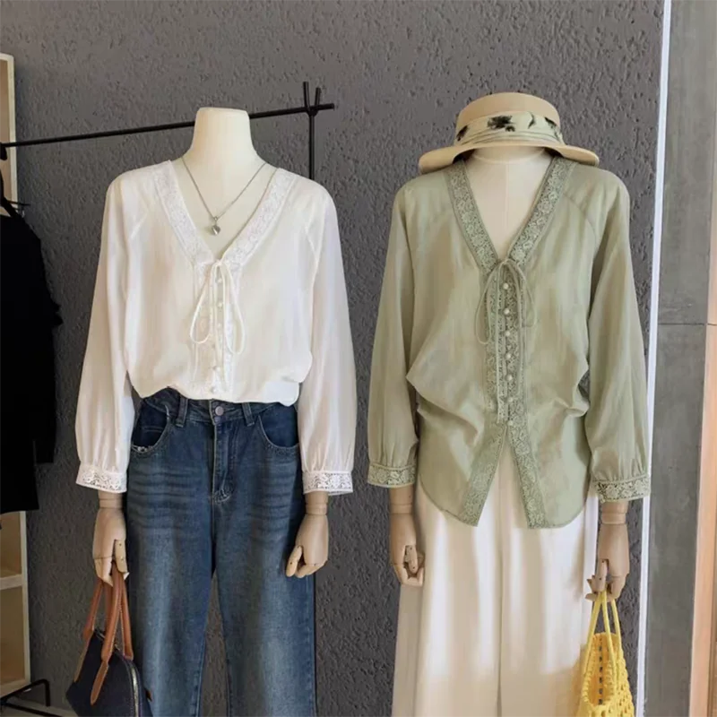 

Korean Sle Lace Splice Belted V-Ne Long Sve Women's irt Faionable Versatile Ladies' Premium Quali Long Sve Bl...