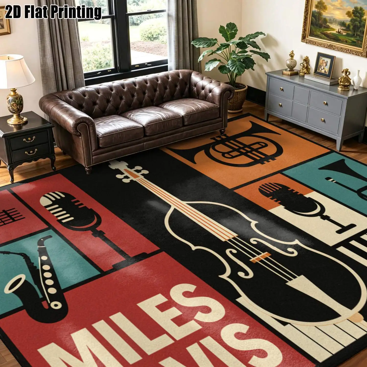 1Pc 2D Printed Retro Musical Instrument Pattern Carpet Suitable for Home Decor, Available in Multiple Sizes, Machine Washable, Ideal for Living Room, Bedroom, Dining Room, Entryway, Study.