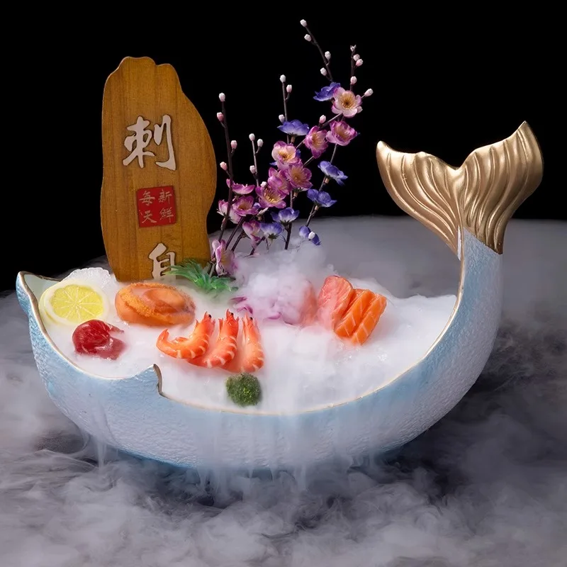 Dolphin sashimi ice tray salmon fillet seafood posture sashimi dry ice seafood posture special presentation resin tablewa