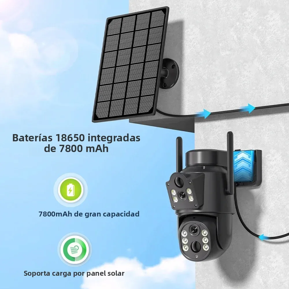 Cámaras ICsee 4K para exteriores, con energía solar, conexión WiFi, doble lente, doble pantalla, cámara de seguridad inalámbrica para el hogar, detección de movimiento humano mediante sensor PIR, 365 días de autonomía.