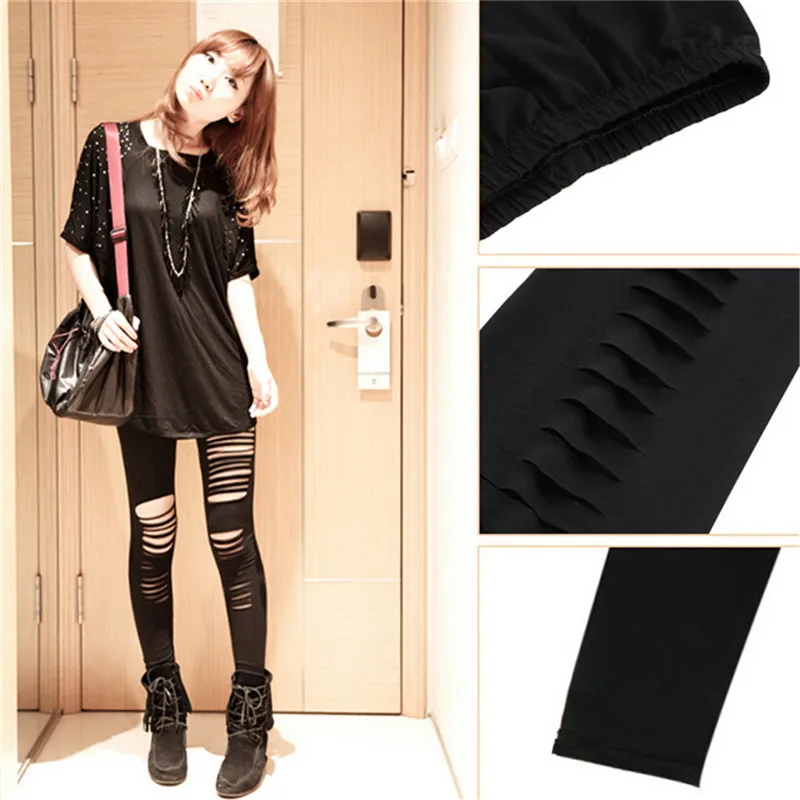 Sexy Black Punk Ripped Torn Slashed Cut Striped Leggings Pants Gothic Club