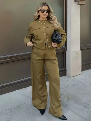 HH-traje Vintage para mujer, chaqueta Bomber de manga larga con cuello redondo y pantalones de pierna ancha con cremallera plisada, conjunto de moda urbana