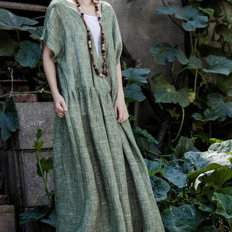 

Simple design flaxen deep woven V-neck loose retro dress robe fashionable casual versatile temperament elegant vacation style