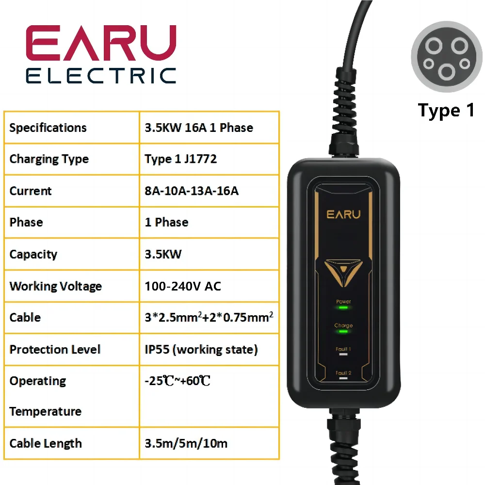 Type2 5M 16A EV Charger EU US UK Plug Portable IEC62196-2 EVSE Charging Cable Type1 SAE J1772  for Electric Car