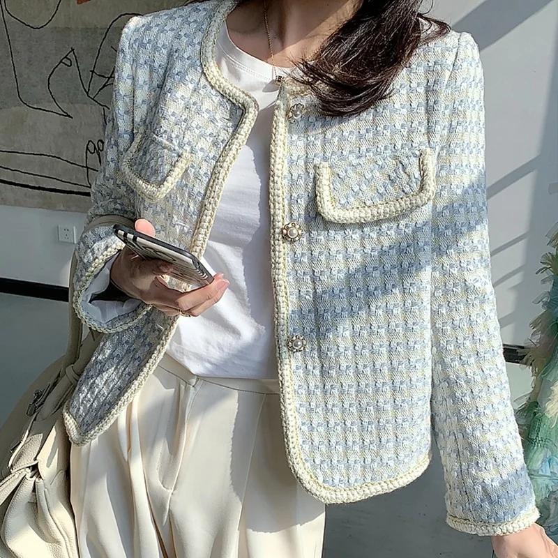 

High Quality French Vintage Small Fragrance Tweed Jacket Coat Women's Spring Autumn Casual Fried Street Short Coat Plaid Outwear