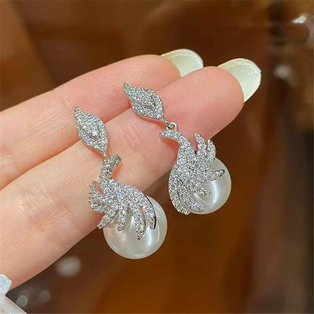 

Cute Female Silver Color White Pearl Stone Drop Stud Earrings Lovely Bridal Wedding Jewelry For Women