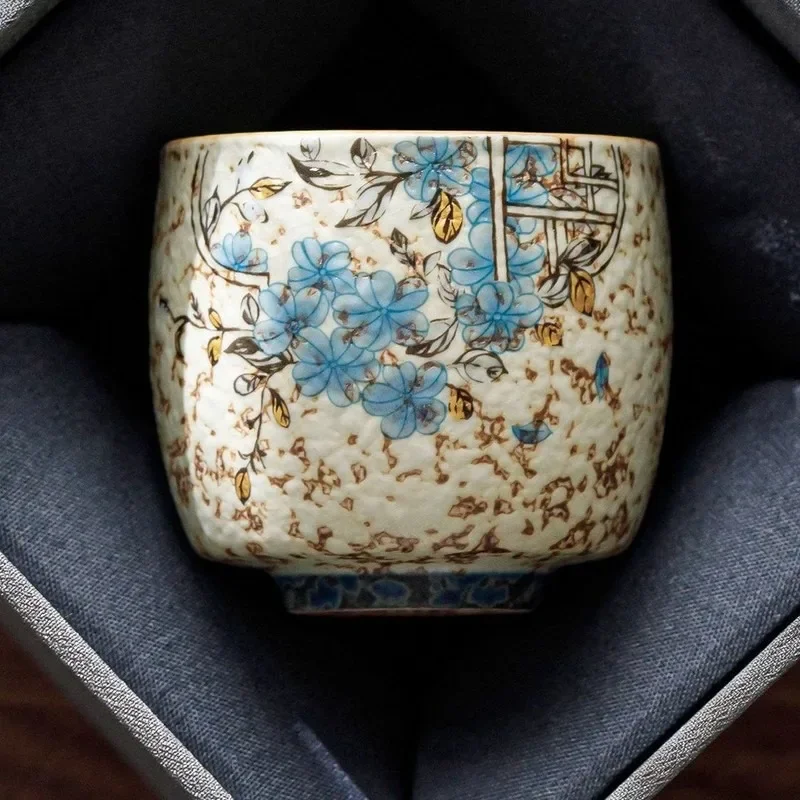 Luxury Blue Floral Window Pattern Stoneware Tea Cup, Personal Ceramic Gongfu Tea Set, Unique Master Cup for Elegant Tea