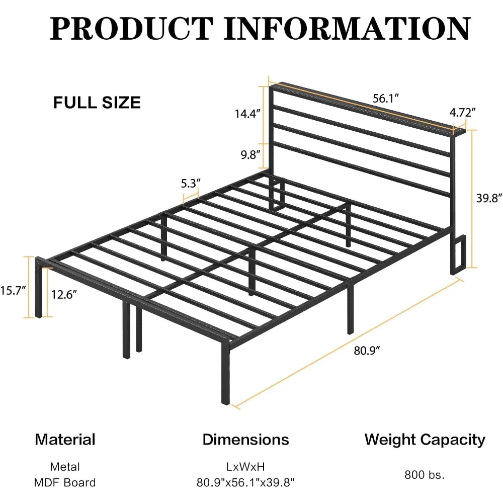 Full Size Bed Frame with Headboard & Charging Station,Heavy Duty Metal Platform Bed Frame with LED,No Spring Needed Bed Bases