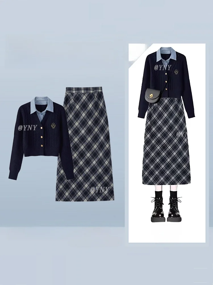 

Комплект из вязаного кардигана в стиле колледж и клетчатой юбки для женщин: осенне-зимний, стройнящий, омолаживающий, модный