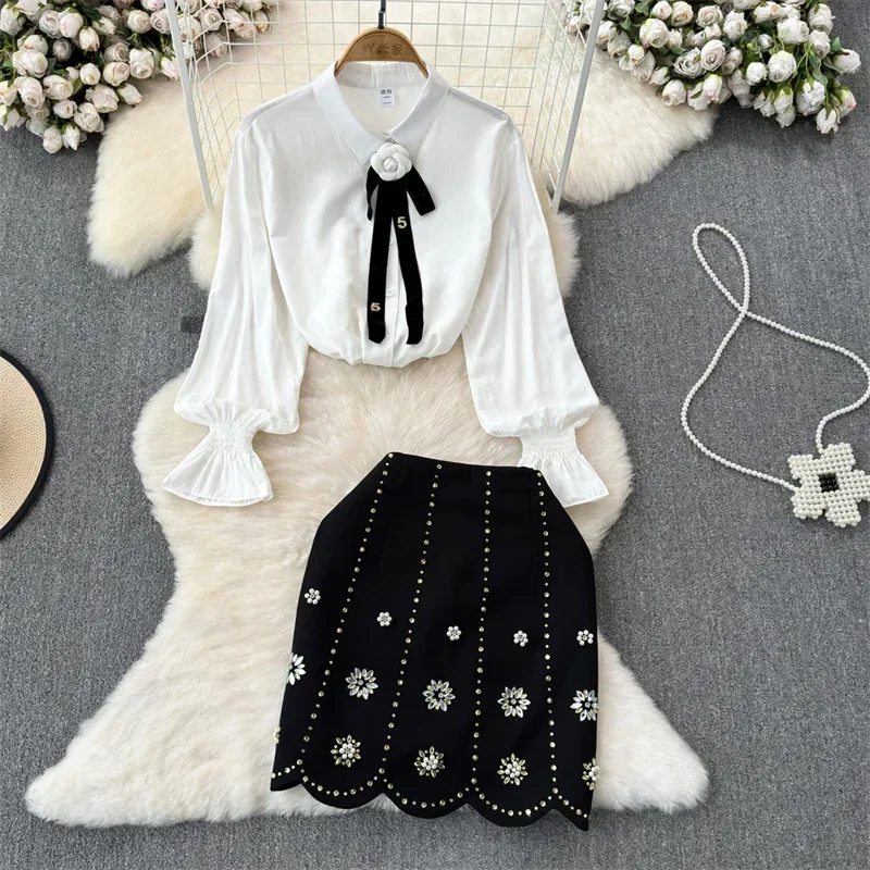 Women's Retro Two Piece Sets Fashion Floral Tie Long Sleeved White Shirt and Beading Bodycon Skirt Suits New Elegant 2 Pièces