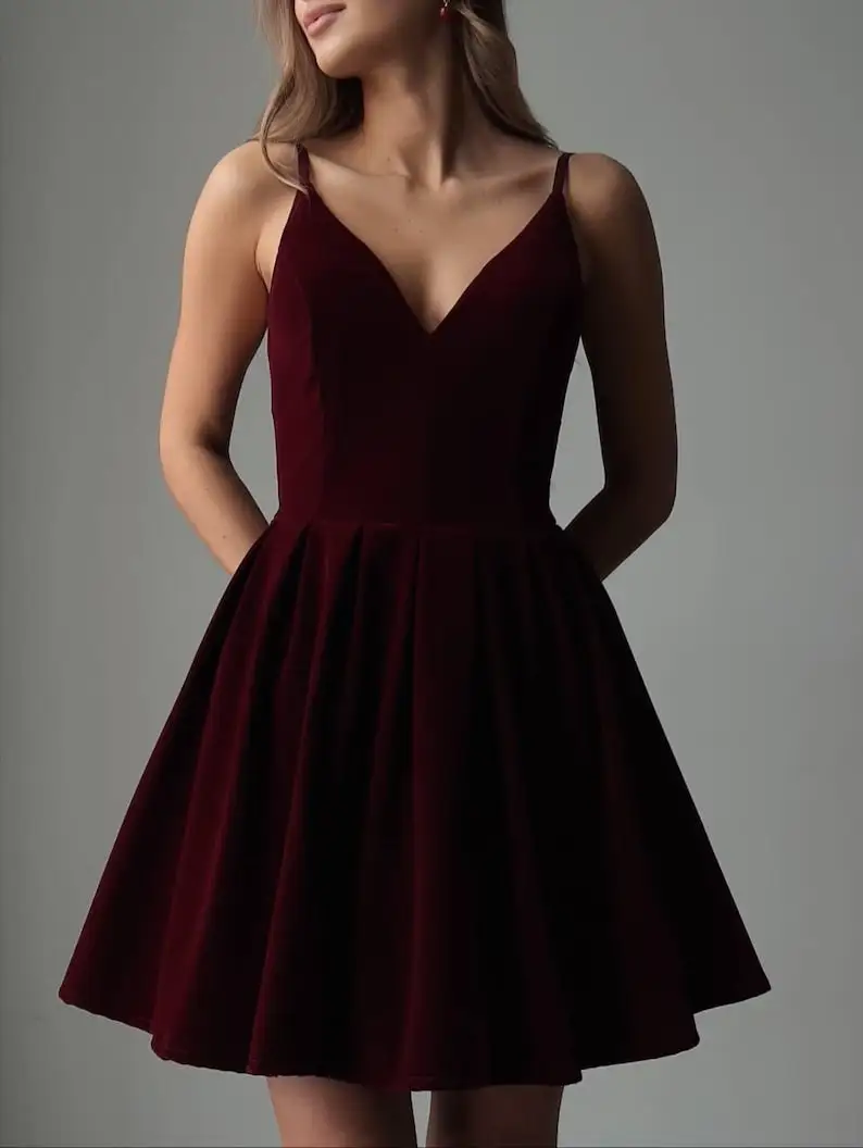 

Velvet Backless Dress Formal Evening Gown Holiday Party Outfit Special Occasion Dress Homecoming Dresses Mini Evening Dresses
