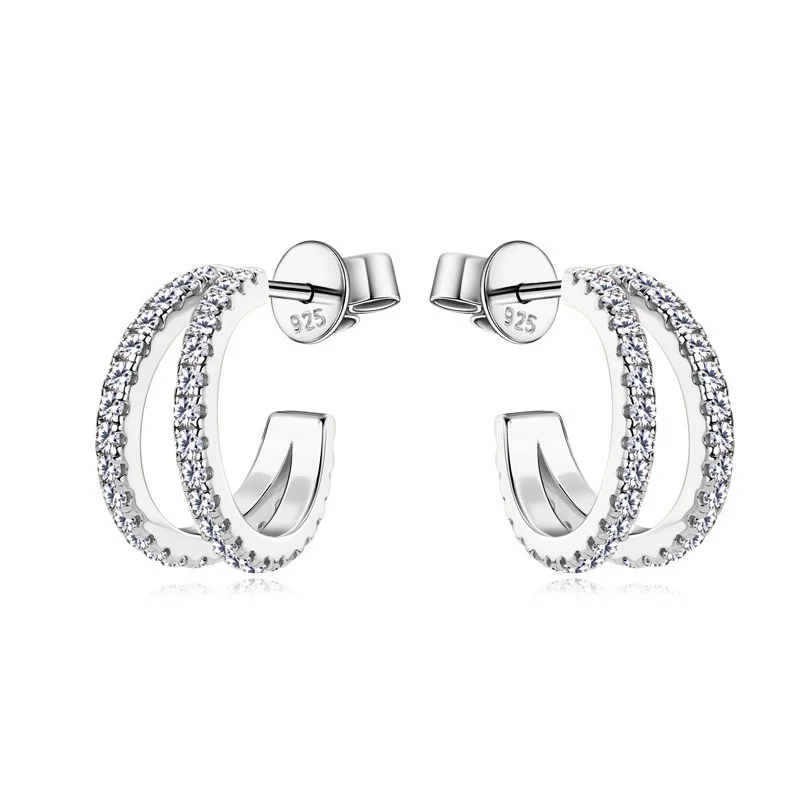 

EMO-348 Lefei Fashion Trendy Classic Moissanite Design Double Row C Earrings For Women S925 Sterling Silver Party Jewelry Gifts