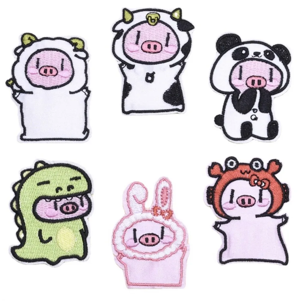 6Pcs Cartoon Pig Dinosaurs Patches for on Child Clothing Self Adhesive Appliques DIY Bag Hat Ironing Embroidery Patches Sticker