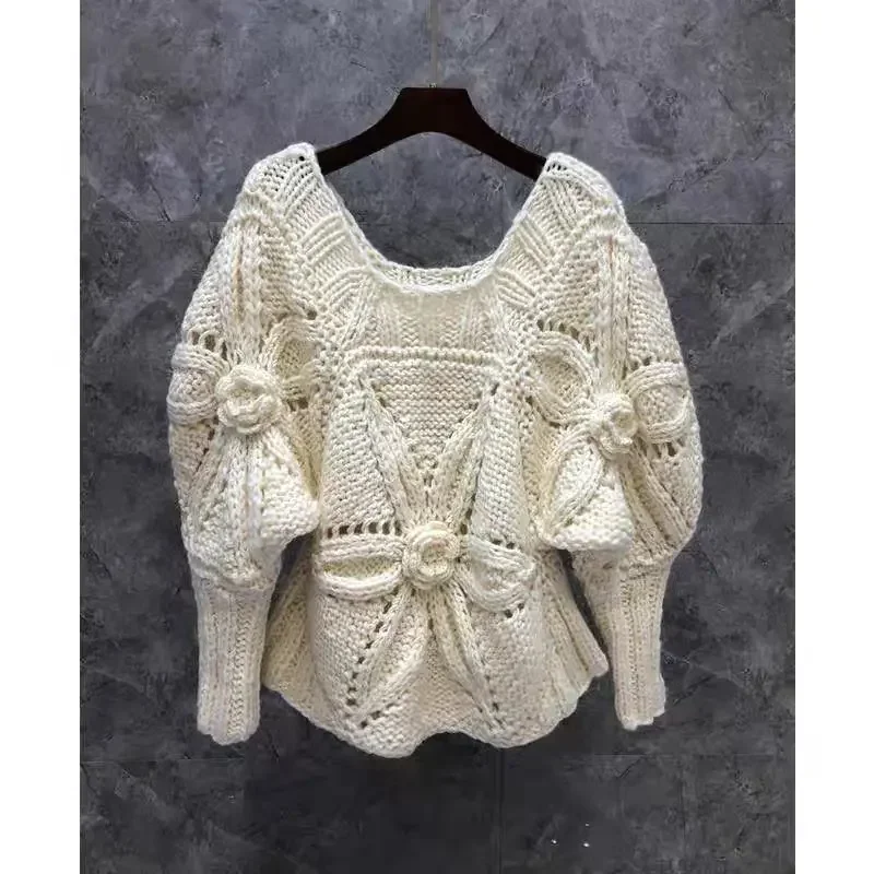 Premium lantern sleeves slim fit hollow flower knit sweaters women tops spring new fashion versatile pullover women clothing