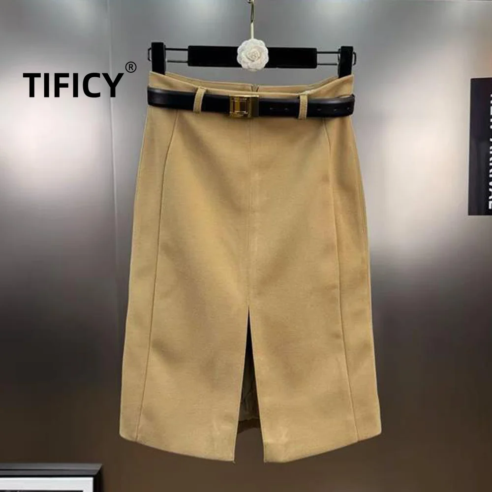 High Street Half Length Skirt Women in Autumn and Winter Fashionable High Waisted Split Woolen Fabric Mid Length Skirt