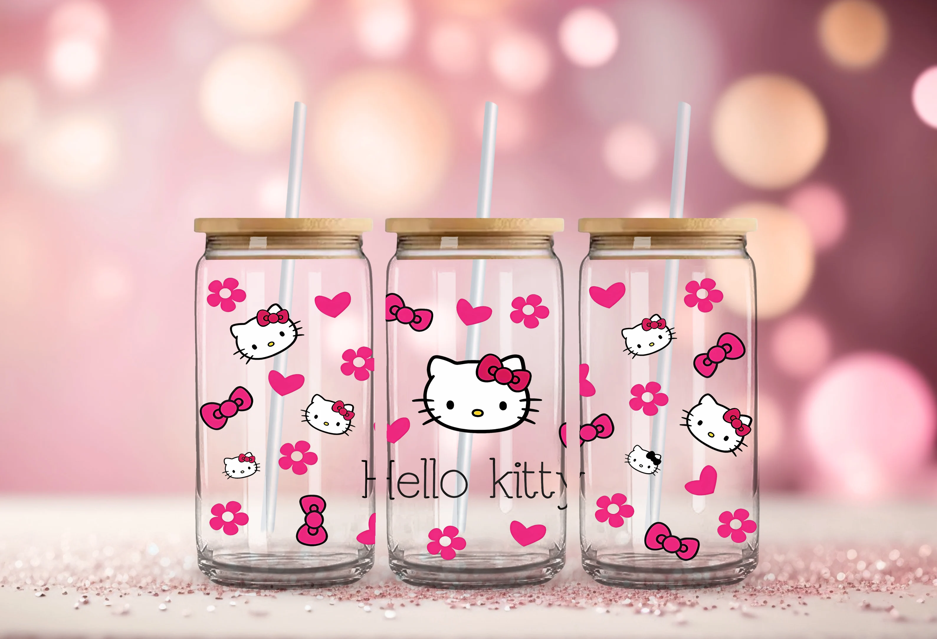 Cute Kawaii Kitty Pink Cat 16oz Cup UV DTF  Wrap Self-adhesive Transfer Decals Custom Wrap Printing