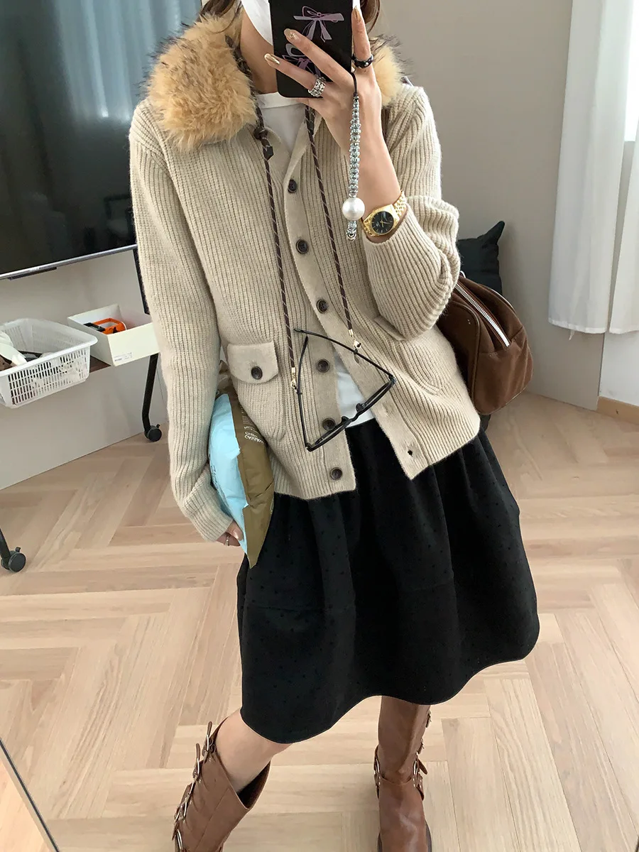 

Весенний женский повседневный однотонный свободный утягивающий вязаный кардиган с меховым воротником, куртка-свитер