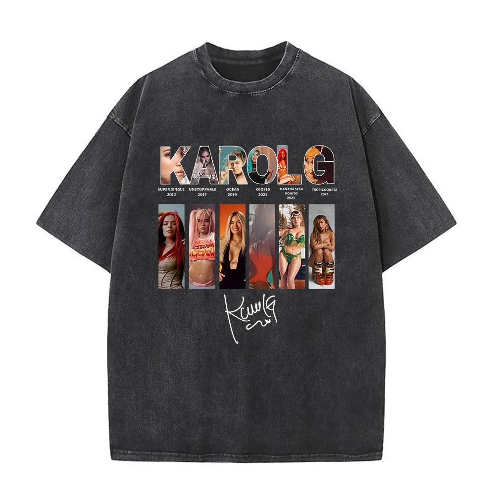 

Karol G Tropicoqueta 2025 Album Cover Washed Vintage T-shirt Men Women Clothing Fashion Harajuku T-shirts Casual Cotton T Shirt