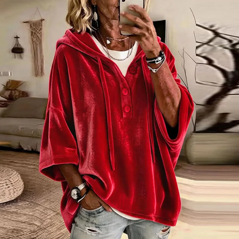 Casual Velvet Hooded Sweatshirts Women Button Drawstring Hood 3/4 Sleeve Blouses Autumn Winter Casual Solid Daily Pullover Tops