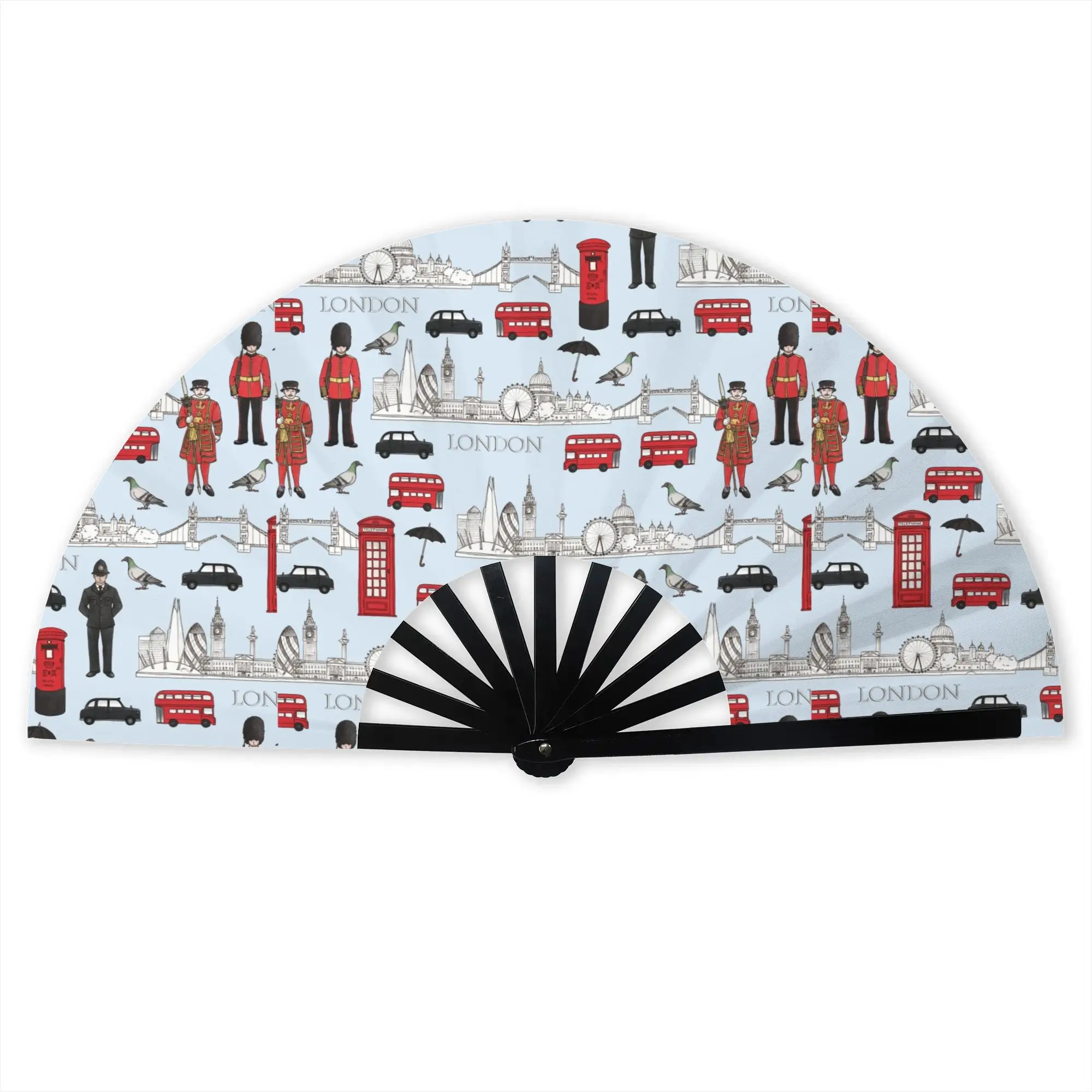 Custom British Style Symbol Promotional Gift Hand Fan Party Red Bus Telephone Booth Durable Folding Fans Novelty Bulk Pack Fan