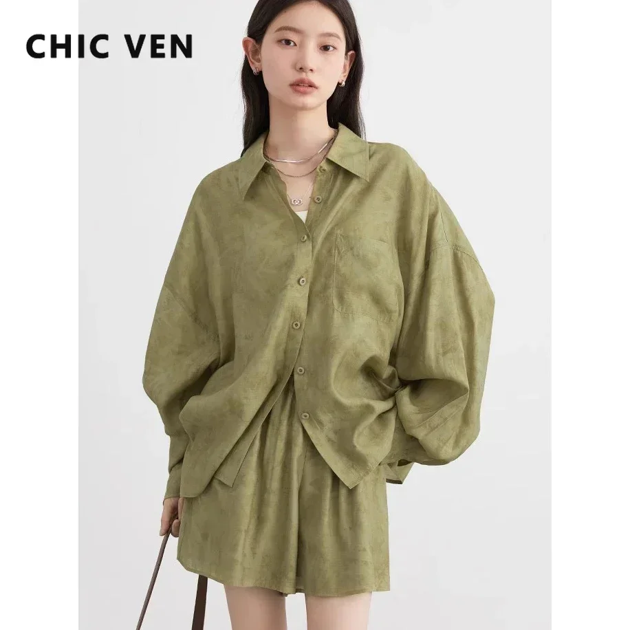 CHIC VEN Women Shirt Loose New Lapel Tie Dye Printed Bat Sleeve Shirts Long Sleeve Blouse A-line Shorts Set Autumn 2024