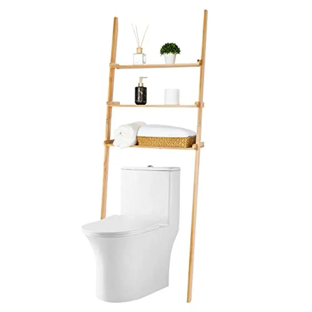 

3-Tier Wood Bathroom Storage Shelf Over Toilet Leaning Towel Rack Organize Laundry Pantry Adult Solid Natural Arc Edge Design