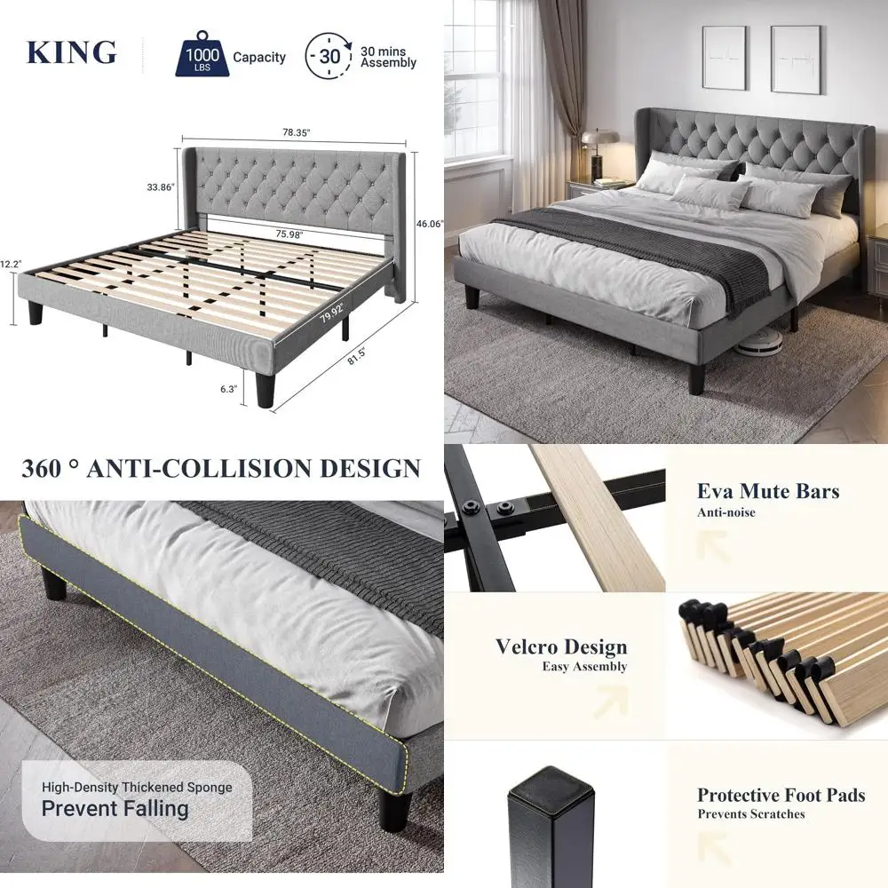 King Size Upholstered Platorm Bed e with Wingback and Button Tuted board or Reading, Strong Wood Slat Support, ern Design, Easy