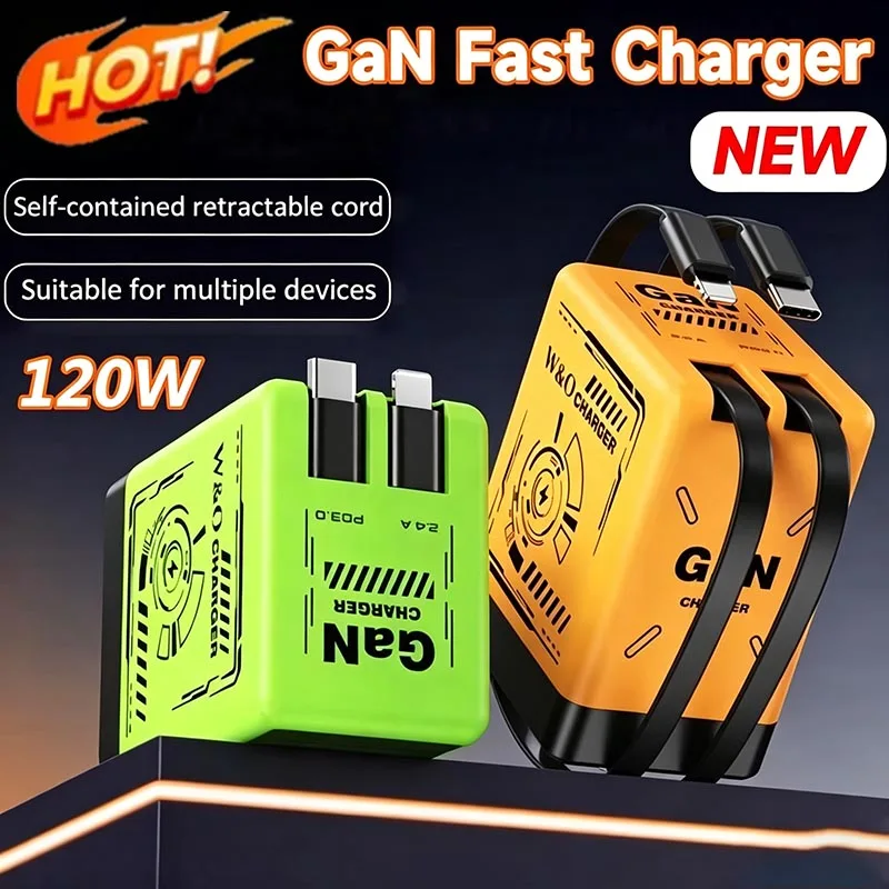 2026 New GaN 120W Fast Charger Retractable Type-C Ligting Cable Portable Multi-Device Folding Adapter For iPhone Samsung