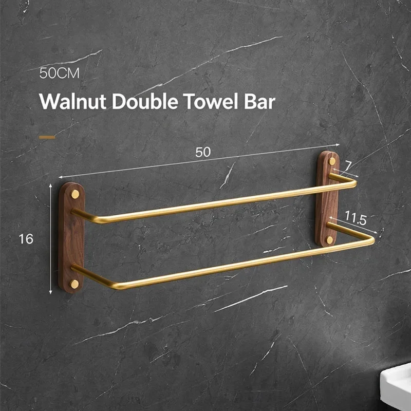 yes50cm Gold Walnut Towel Bar Non‑Perforated Wall Mounted Luxury Double Towel Rack Bathroom Storage Holder Bathroom Accessories